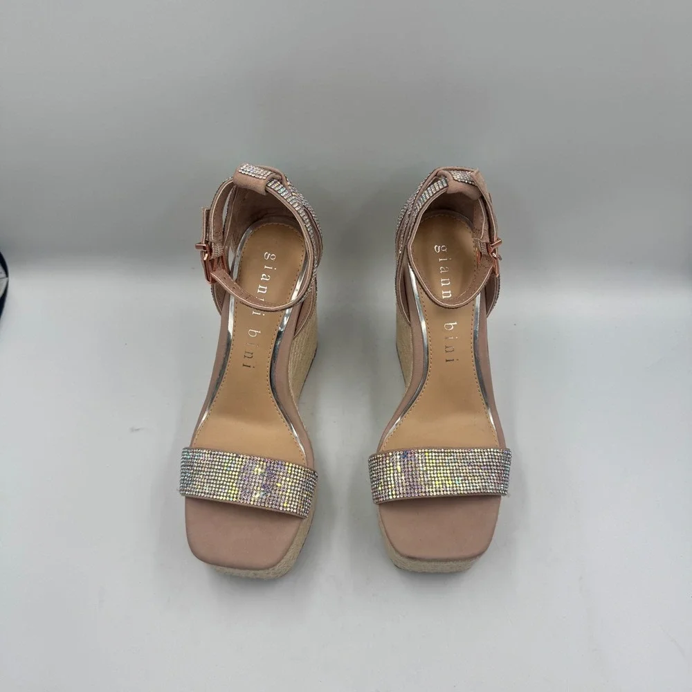 Gianni Bini Rhinestone Espadrille Wedge Sandals Rose Gold Square Toe Size 6M